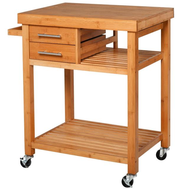 HOMCOM Bamboo Kitchen Island Cart on Wheels, Utility Trolley Cart with 2 Storage Drawers and Open Shelves, Natural
