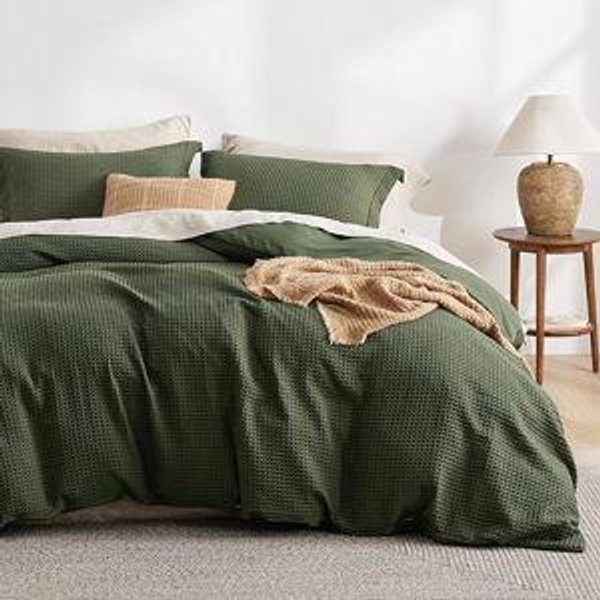 Bedsure Luxury Waffle Duvet Cover Queen Size - Textured Duvet Cover Set, Soft, Breathable Bedding Set (90"x90") with 2 Pillow Shams for All Season, Olive Green, Comforter Not Included