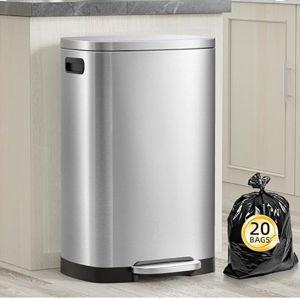 KdbK 13 Gallon Trash Can with Lid, 50L Fingerprint Proof Stainless Steel Kitchen Trash Can with Removable Inner Bucket and Lid Soft Close, Pedal Rubbish Bin for Home Office
