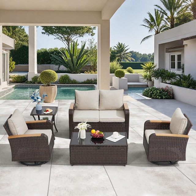 Yalissey 5 Pieces Outdoor Furniture Set with Swivel Chairs, Patio Wicker Patio Furniture Sets for Porch Deck Bistro Lawn Garden Backyard Poolside-Khaki