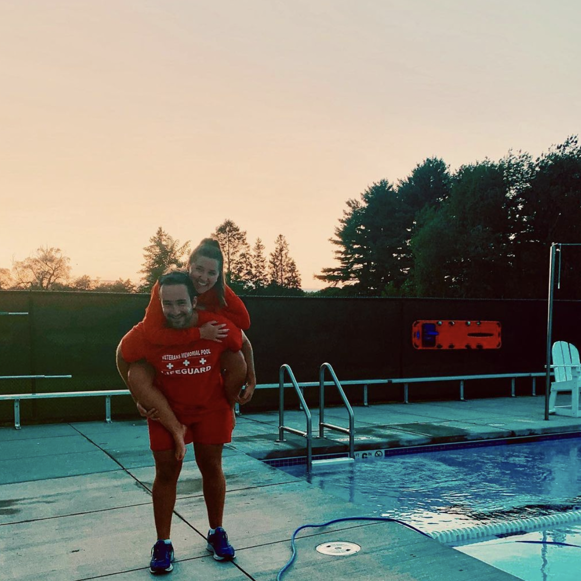 We worked at a summer pool/camp together for 2 summers while in college. It was such a blast. Some of our coworkers will be at the wedding celebrating with us!