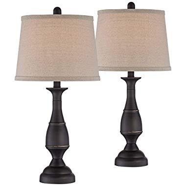 Ben Traditional Table Lamps Set of 2 Dark Bronze Metal Beige Linen Drum Shade for Living Room Family Bedroom Bedside - Regency Hill