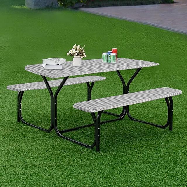 Fitable Checkered Picnic Table Cover Waterproof Outdoor Indoor Table Cover + Benches 3pcs Set Vinyl Fitted Flannel Backing Tablecloth 30"*72" for Picnics/Travel/Holiday/Party/Folding Table Silver Grey