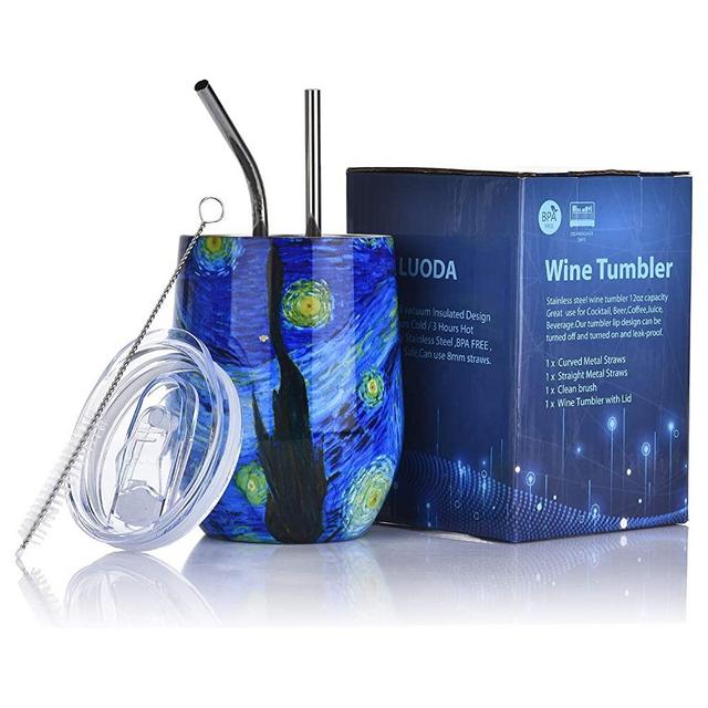 LUODA 12 Oz Stainless Steel Stemless Wine Glass Tumbler with Lid and Straw Vacuum Insulated Double Wall Travel Tumbler Cup for Coffee, Wine, Cocktails, Champagne Ice Cream(Starry Nights)
