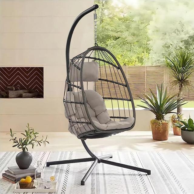 Ironkom Indoor Outdoor Patio Wicker Hanging Chair Swing Chair Patio Egg Chair UV Resistant Cushion Aluminum Frame (Light Grey)