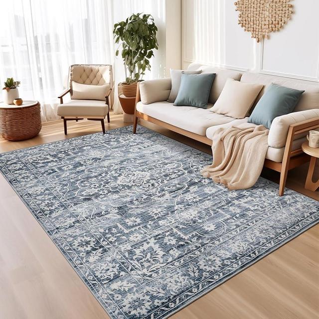 Soalmost 6x9 Area Rugs for Living Room, Stain Resistant Washable Rugs for Dining Room, Floral Vintage Non-Slip Thin Area Rug(Blue, 6'x9')