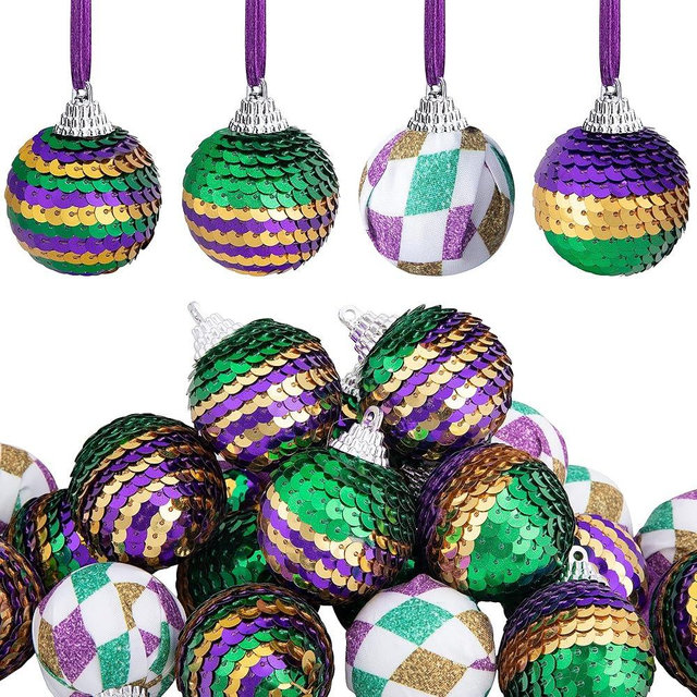 Deloky 24 PCS Mardi Gras Sequin Ball Ornaments-1.5 Inch Mardi Gras Shatterproof Hanging Ball-Purple Green Gold Tree Ornaments for Mardi Gras Holiday New Orleans Masquerade Party Decorations