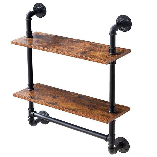 YMYNY Industrial Pipe Shelf Bracket, 2 Tiers Retro Wall Mounted Floating Shelf, Wood Look DIY Storage Shelving Bookshelf, HD-UHRF-TM014