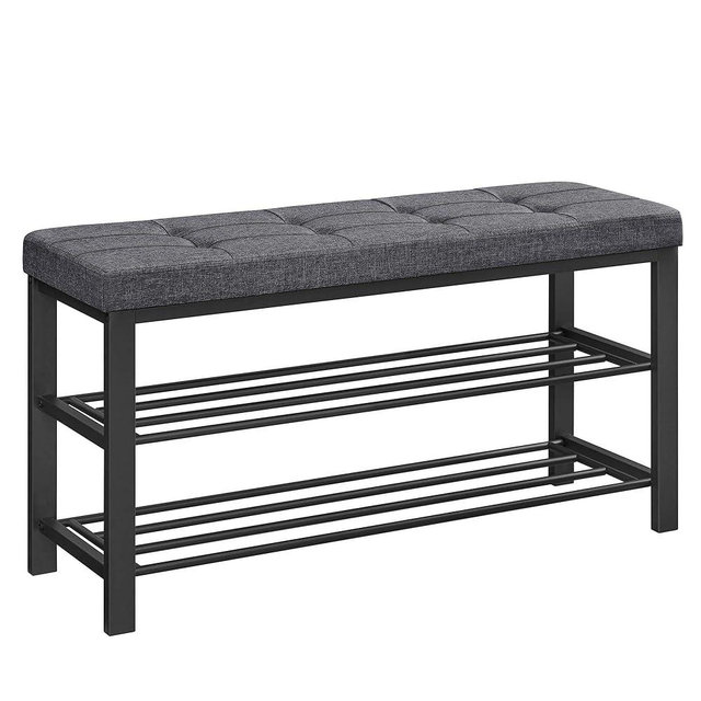 SONGMICS Shoe Bench, 3-Tier Shoe Rack for Entryway, Storage Organizer with Foam Padded Seat, Linen, Metal Frame, for Living Room, Hallway, 12.2 x 39.4 x 19.3 Inches, Dark Gray and Black ULBS579B33