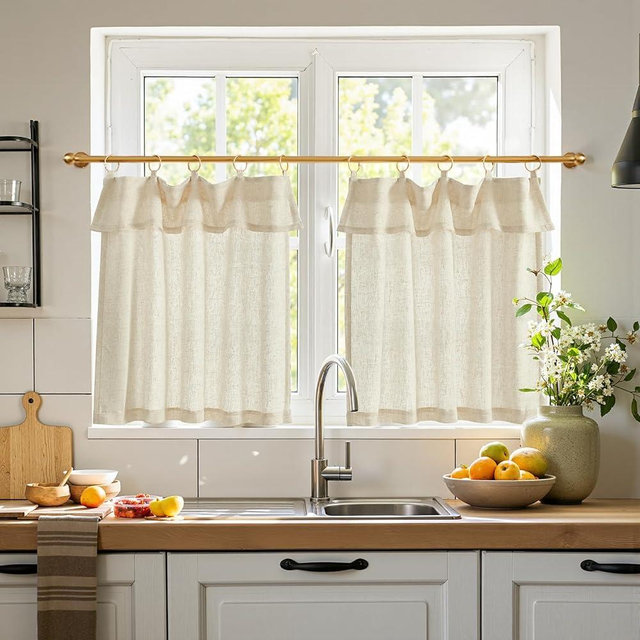 jinchan Linen Tier Curtains with Attached Valance for Kitchen Windows 24 Inch Length Farmhouse Cafe Curtains for Small Windows Light Filtering Rustic Short Drapes for Bathroom Laundry 2 Panels Beige