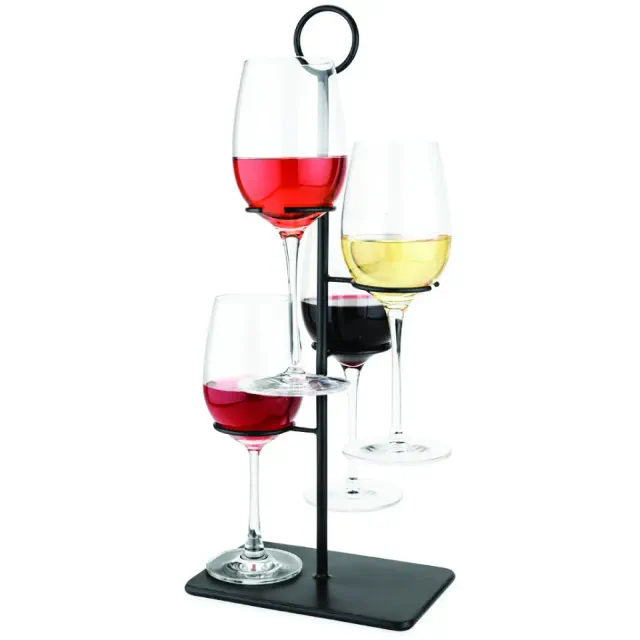 True Hover Wine Glass Flight Server, Wine Tasting Carrier Kit, Holds 4 Stemmed Wine Glasses, Wine Glass Holder Stand, Iron, Black, Set of 1