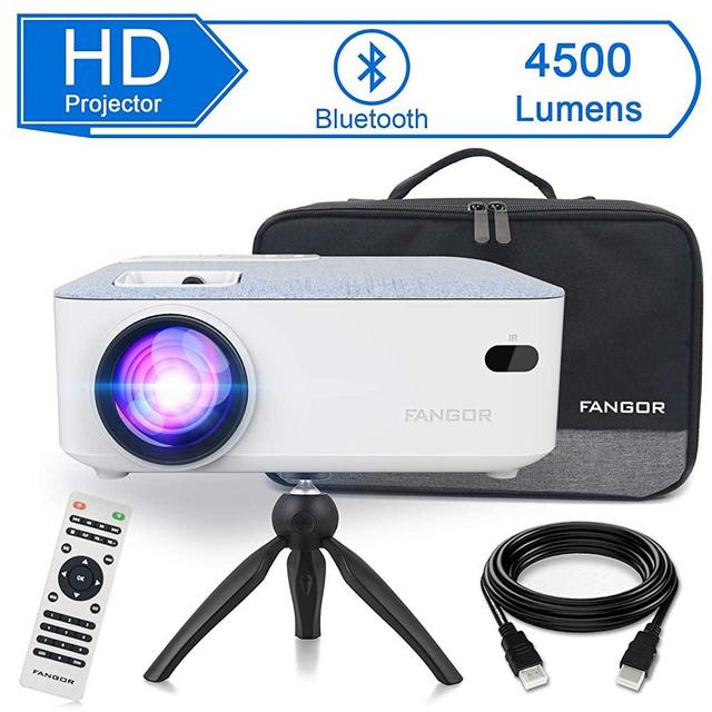 FANGOR HD Bluetooth Projector, 4500 Lux Portable LCD Projector 720P Native Resolution with Carrying Bag and Tripod, Compatible with Smartphone, TV Stick, Roku, PS4, Xbox, Full HD 1080P Supported