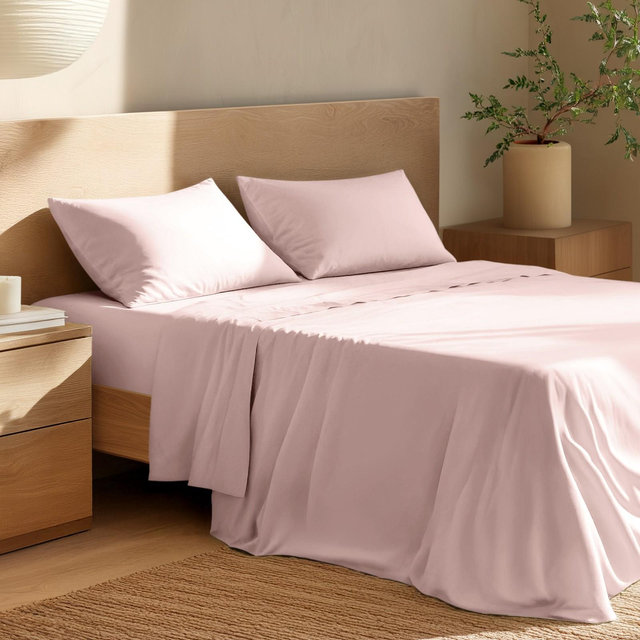 4 Piece 100% Organic Cotton Percale Cooling Sheet Set by Bare Home - Queen, Dusty Pink