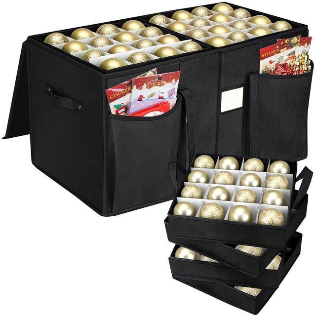 BALEINE Christmas Ornament Storage Box with Dividers, Premium Holiday Ornaments Storage Container Bin for Xmas Decorations (128 Ball, Black, With Trays)