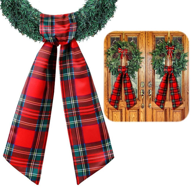 VitalCozy 2 Pcs Wreath Sash for Front Door Wreath Sash Garland Ribbon Accessories for Embroidery Monogram Outdoor Indoor Xmas Party Yard Doorway 4.5" W x 56" L(Red,Plaid)