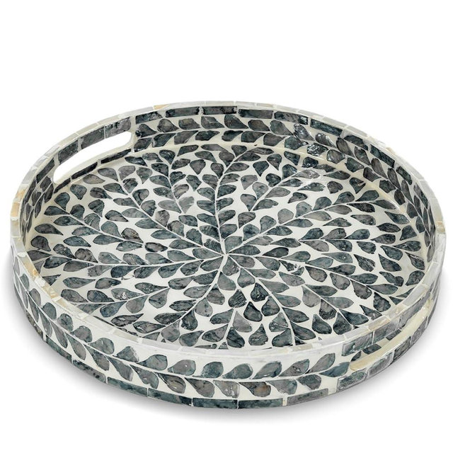 CLAYNIX Serving Tray 12.5 Inch, Lacquer Mother of Pearl Inlay Mosaic Tray, Round Wooden Marble Tray with Handles Trays for Tea, Breakfast (Black Leaf)