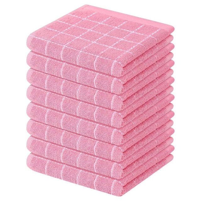 Mordimy 100% Cotton Terry Cloth Dish Cloths, Soft and Absorbent Checkered Dish Towels, Quick Drying Dish Rags for Washing Dishes, 8 Pack, 12 x 12 Inches, Pink