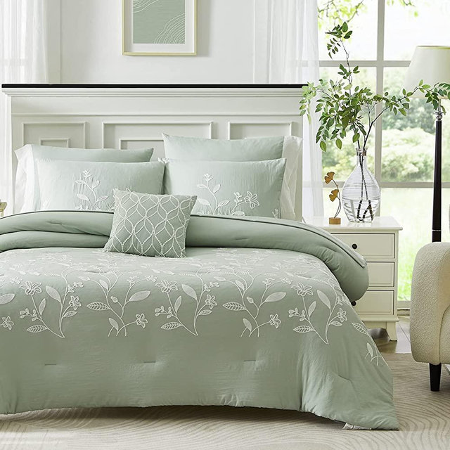 MaiRêve Sage Green Comforter Set Queen 8 Piece, Farmhouse Floral Embroidery Comforter Set Queen, All Season Bed in A Bag Queen with Comforters, Sheets, Pillowcases & Shams, Bedding Set 8 Pieces