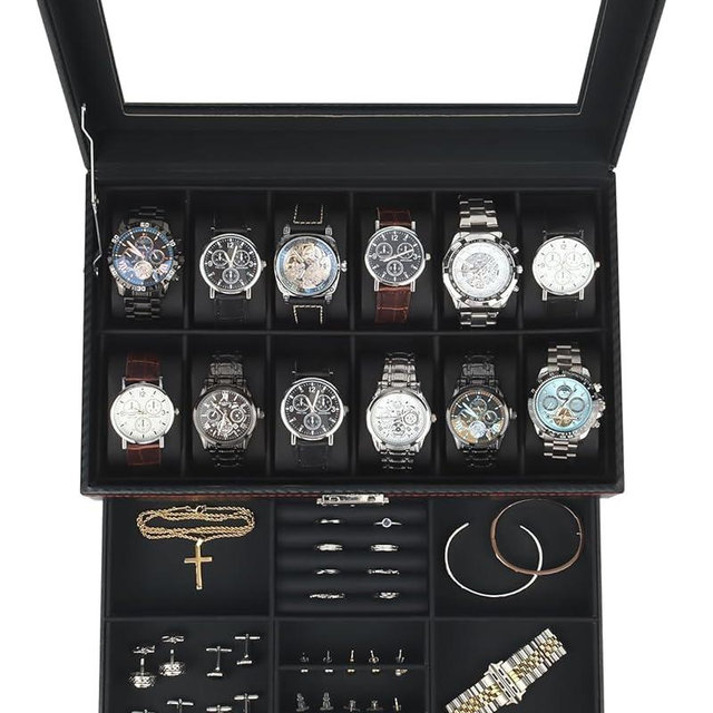 Kukikan Watch Box Jewelry Organizer, 12-Slot 2-Layer Watch Case Storage with Large Glass Lid, Watch Storage Case for Men with Lock, Watch Holder Display Case, Gift for Men Women