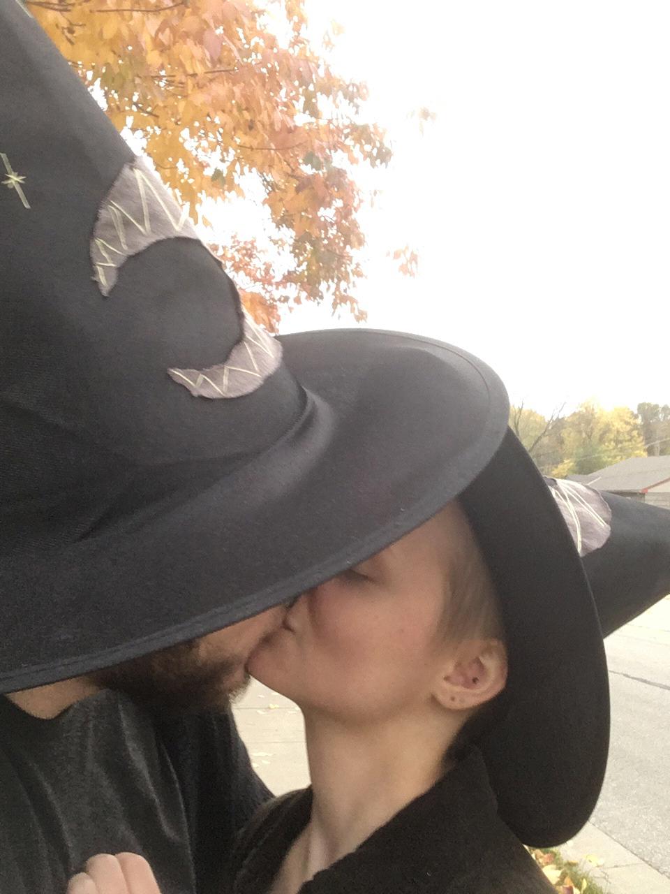 Halloween 2018. I embroidered moons and stars on our witch hats.