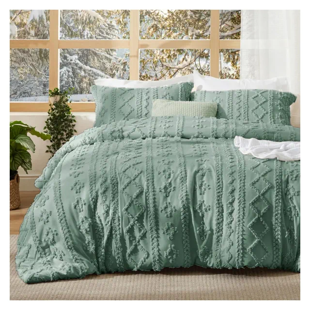 3Pcs Tufted Boho Farmhouse Shabby Chic Embroidery Green Queen Size Comforter Set - Bedsure