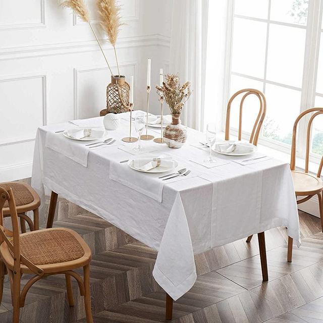 Home Linen Tablecloth Hemstitch - 60 x 60 Inch Square Fabric Washable Cloth Table Cover Farmhouse Burlap Manteles for Kitchen Dinning Outdoor Easter Thanksgiving Parties Weeding Decoration White