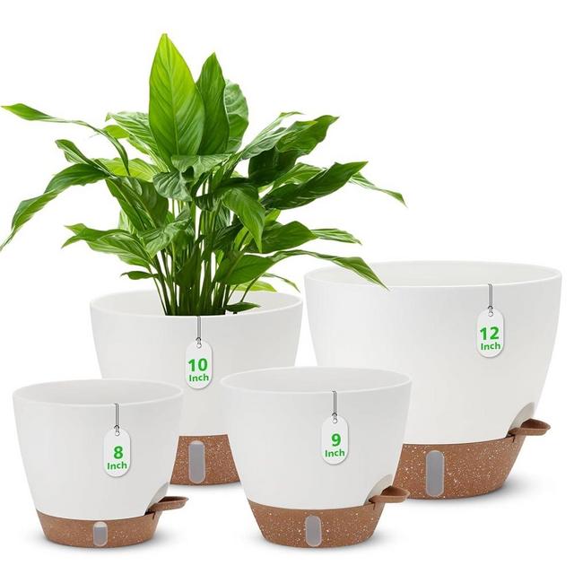 12" 10" 9" 8" Self Watering Pots with Water Level Indicator, Large Plastic Planters Set with Mesh Drainage Hole and Removable Saucer Reservoir, Big Flower Pot for Indoor Outdoor Plants - White