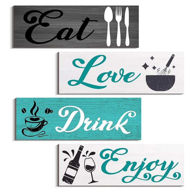 COLOR VALLEY ART - Turquoise Kitchen Decor Accessories, Teal Wall Art with Grey, Eat Drink Love Wooden Signs for Dining Room (Fresh Color)