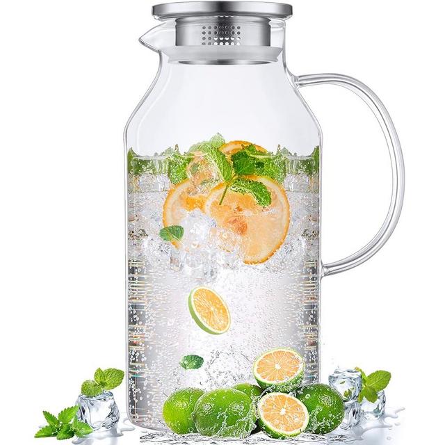 2.6 Liter 88 oz Glass Pitcher with Lid and Spout, Bivvclaz Glass Water Pitcher for Fridge, Glass Carafe for Hot/Cold Water, Iced Tea Pitcher, Large Pitcher for Coffee, Juice and Homemade Beverage