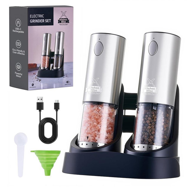 Kitchen Blise Automatic Salt and Pepper Grinder Set Rechargeable, 95ML Large Capacity, 6-Level Adjustable Coarseness, Built in LED Light with Charging Base & Accessories