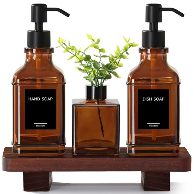 Modern Kitchen Soap Dispenser Set with Wood Tray, Amber Glass Soap Dispensers with Pump, Decorative Hand and Dish Soap Dispenser Set, Soap and Lotion Dispenser Upgrade for Kitchen and Bathroom Decor