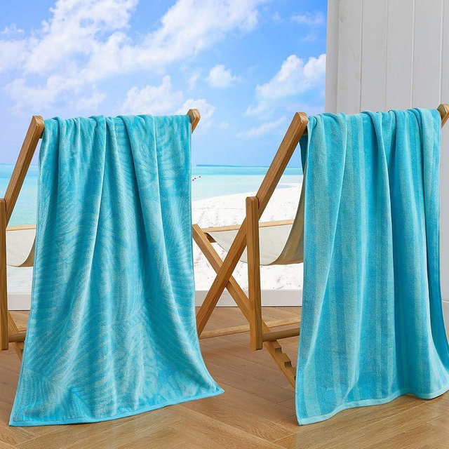 Great Bay Home 100% Cotton Beach Towels | 2 Pack of 30 x 60" Blue Pool Towels for Adults and Kids | Absorbent & Quick Dry Towels (Turquoise/Teal Palm Leaf & Stripe)