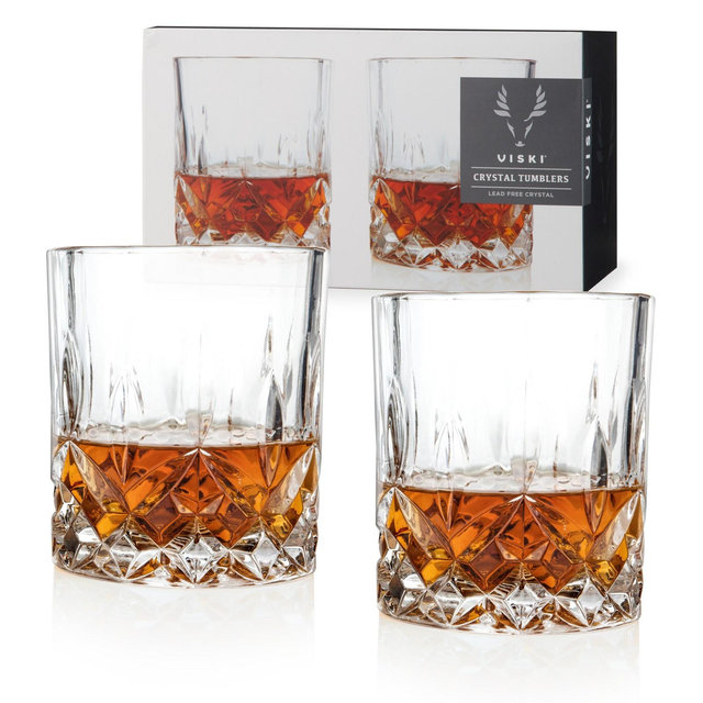 Viski Admiral Crystal Whiskey Tumblers Set of 2 - Crystal Clear Glass, Classic Lowball Cocktail Glasses, Dishwasher Safe Scotch Glass Gift Set - 9 oz