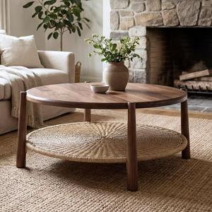 Round Coffee Table with Woven Storage Shelf, Mid-Century Modern 2-Tier Wood Center Table, Boho Coastal Circle Coffee Table for Living Room Office, Walnut Brown