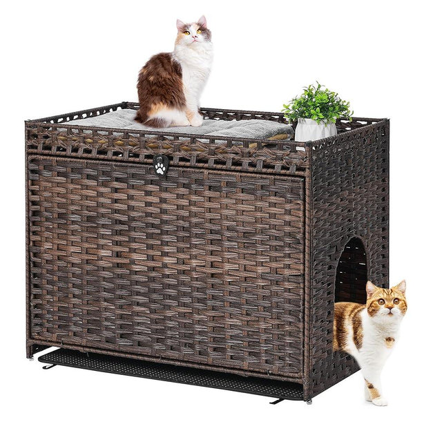 Cat Litter Box Enclosure with Soft Litter Mat; Hidden Cat Washroom Furniture with Door; Handwoven Rattan Cat House with Large Space; Pet Crate for Living Room, Bedroom, Balcony (Brown)