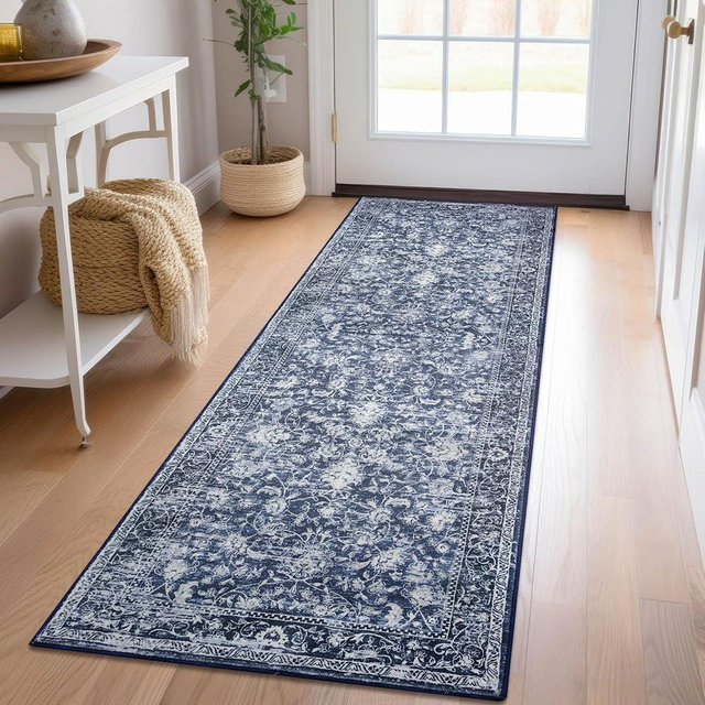 KILOCOCO Hallway Runner 2x6 Rug Runner Printed Vintage Floral Washable Kitchen Runners Non-Slip Rubber Backed Runners for Hallways Laundry Room Distressed Boho Rugs for Entryway Bedroom, Blue