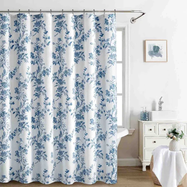 BAGOKIE 72"x72" Floral Cotton Blend Shower Curtain, Teal Blue