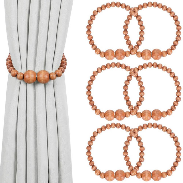 Magnetic Curtain Tiebacks, 6 Pack Curtain Holdbacks for Draperies, Wood Bead Curtain Tiebacks, Curtain Tie Backs for Bedroom Decor, Boho Room Decor, Nursery Decor, Farmhouse Decor, Office Decor