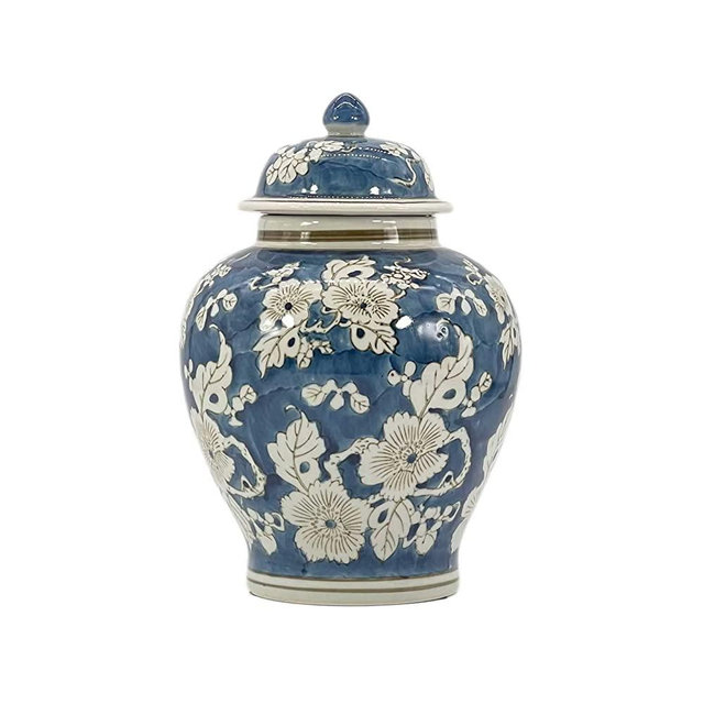 Galt International Blue and White Flower Chinoiserie Jar 12" w/ Lid - Ginger Jar, Tea Storage, Decorative, Home Décor Jar