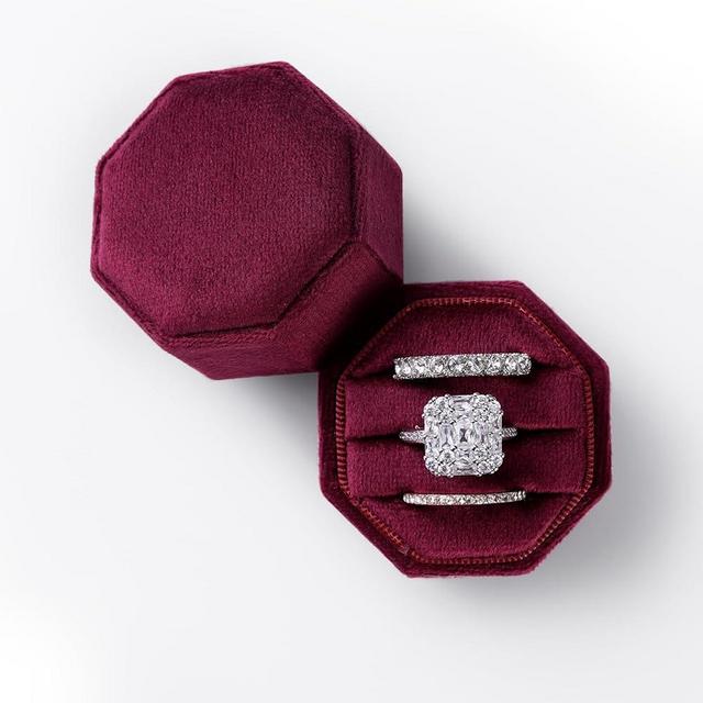 NicGor Velvet Ring Box Three Slots, Gift for Proposals Engagement and Wedding Band Photographs - Triple Octagon Jewelry Ring Boxes (Burgundy Red)