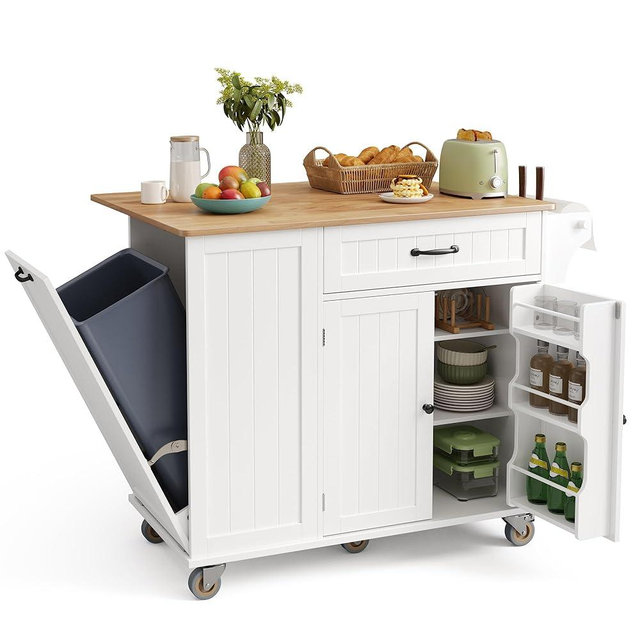 Ahomly Kitchen Island with Storage, 44.49" Kitchen Island with Trash Can Storage, Drop Leaf Rubberwood Top, Knife Holder, Adjustable Shelf, Towel Bar, Drawer, Spice Rack, White