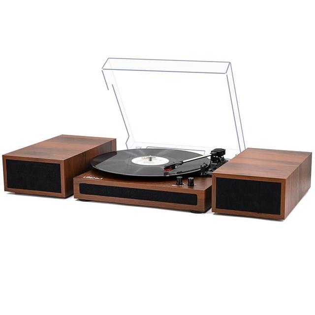 LP&No.1 Vinyl Record Player with Stereo Bookshelf Speakers, Vintage Wood Finish, 3-Speed Belt-Drive Turntable with Wireless Input Playback Mode, RCA Output, Auto Stop | Mahogany