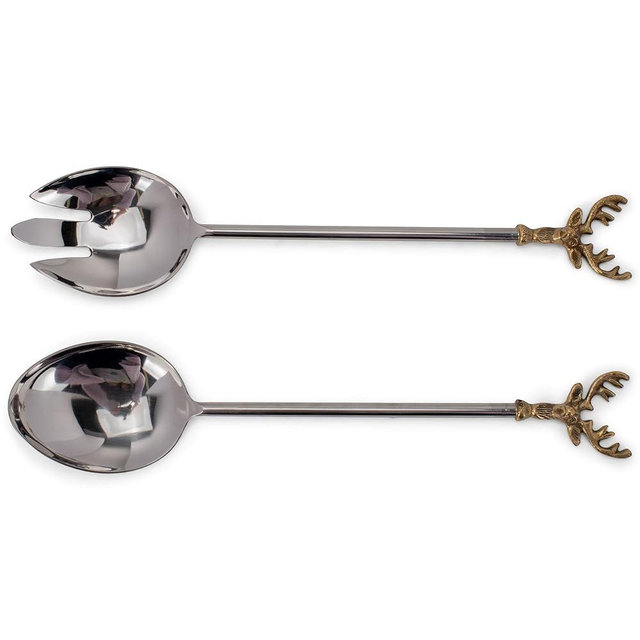 Gilded Reindeer Serving Utensils with Elegant Novelty Handles- Great for Serving Salads, Vegetables- Perfect for Christmas Dinner Parties and Holiday Entertaining