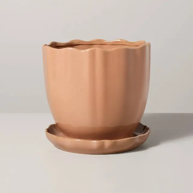 9.5" Scalloped Edge Stoneware Indoor/Outdoor Planter Pot with Saucer Cosmic Rust - Hearth & Hand™ with Magnolia