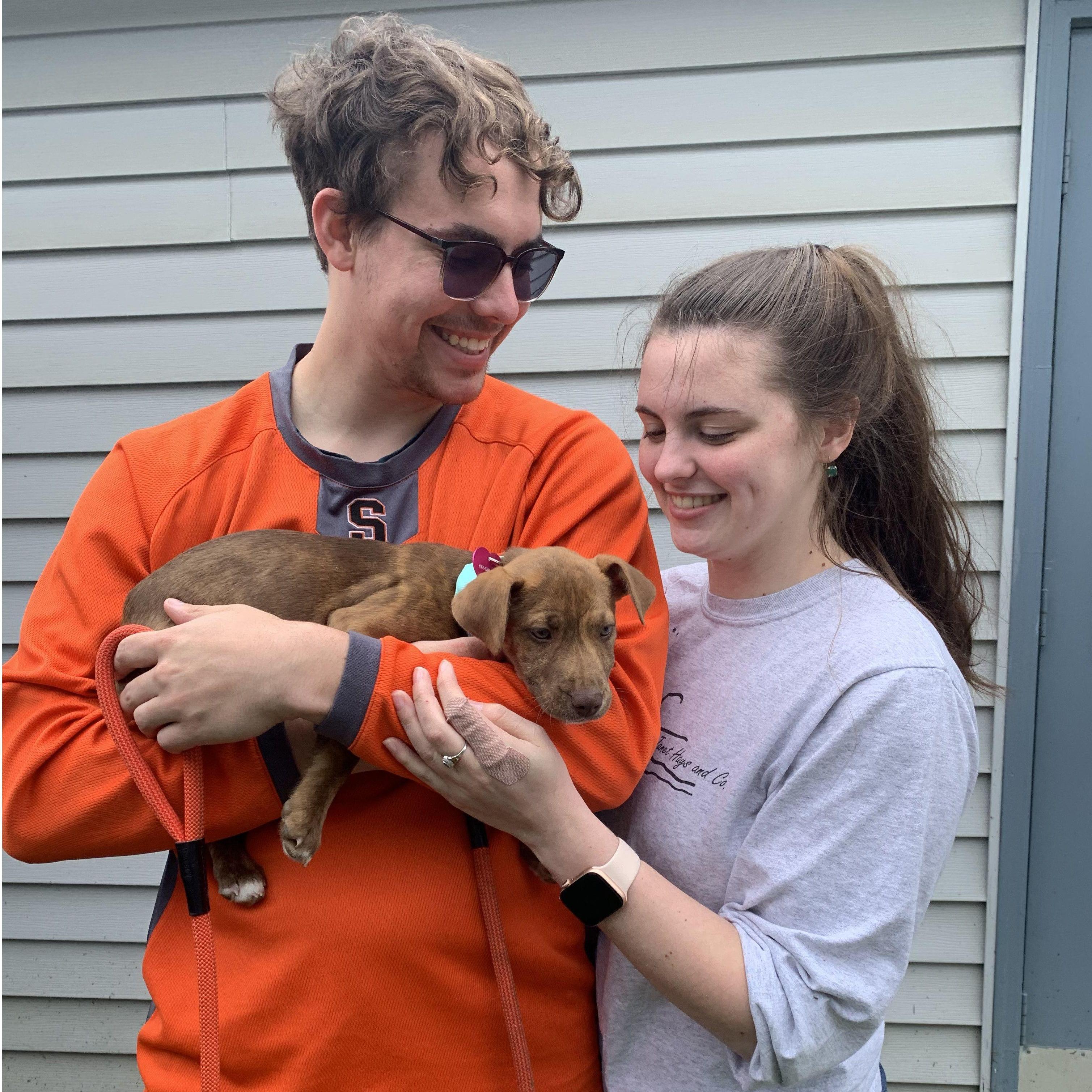 Ricky and Christine adopted litter-mate puppies in April of 2022 (Nova and Miri). Justin has become a full-on dog dad, and our favorite thing to do is love Mini Miri.