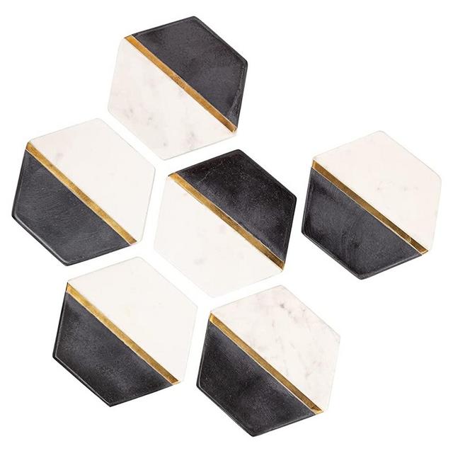 GoCraft Hexagon Marble Coasters for Drinks - Set of 6 Handcrafted Modern Coasters - White & Black Marble Coasters with Gold Brass Inlay for Your Beverages & Wine/ Bar Glasses