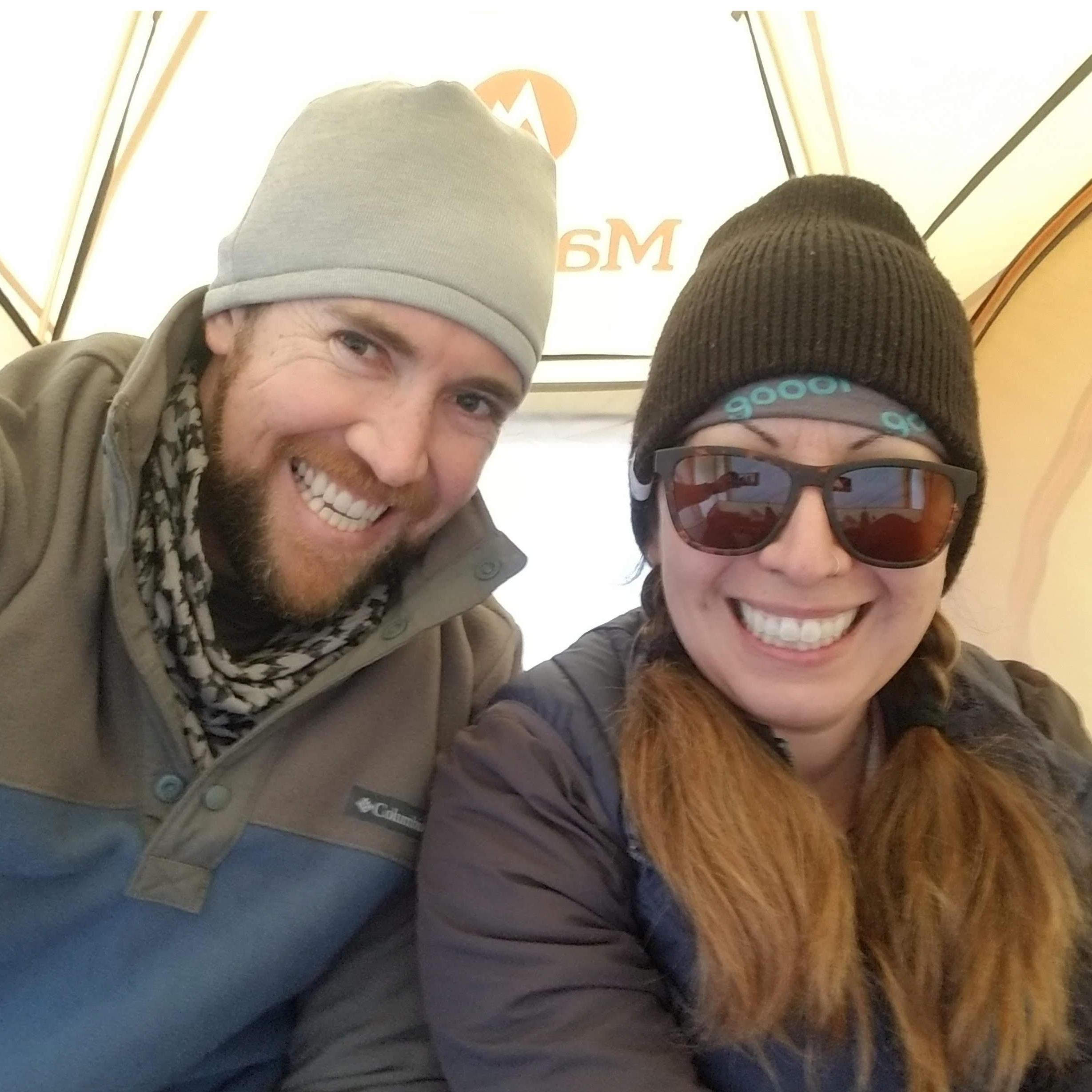 Snuggling up in a tent in the high desert because we hiked through enough packed snow and there was really nothing else to do.