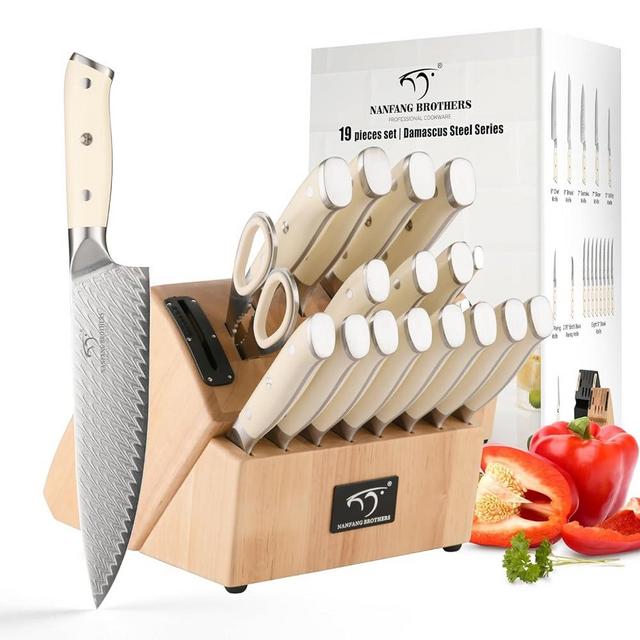 NANFANG BROTHERS Kitchen Knife Set，19 Pieces Damascus Steel Steak Knife Set ，VG10 Professional Chef Knives Set with Block ，Knife Sharpener and Kitchen Shears