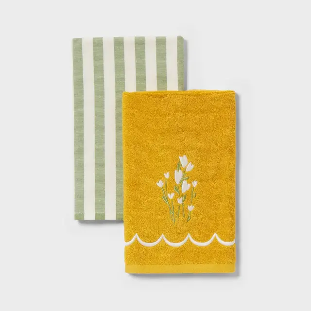 2pk Easter Flower and Stripe Hand Towels White/Green - Threshold™