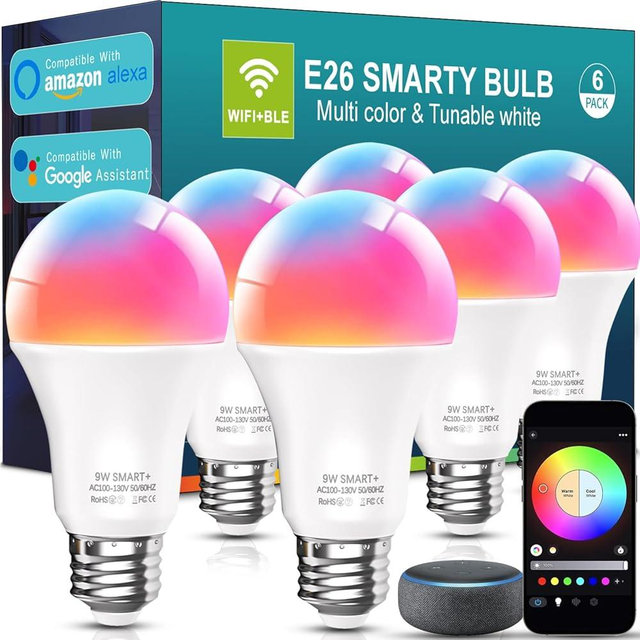 luckystyle Smart Light Bulbs, 9W A19 E26 800LM WiFi Bluetooth LED Bulbs Compatible with Alexa, Google Assistant & Home, 16 Million Colors Music Sync Color Changing Dimmable RGBWW Lights Bulb (6)